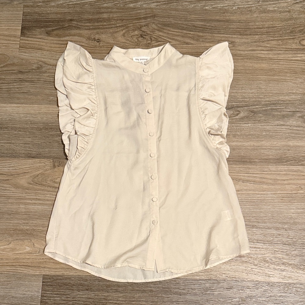 Blu Pepper Cream Ruffle Sleeve Button-Up Blouse